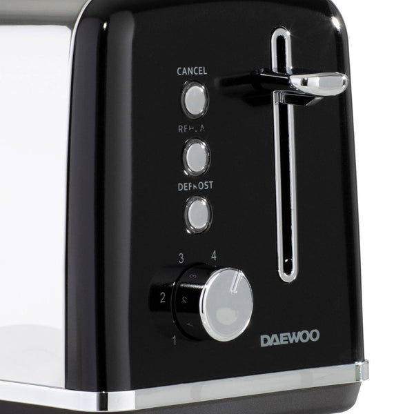 Daewoo Kensington Two Slice Toaster | Black and Chrome, Reheat, Defrost