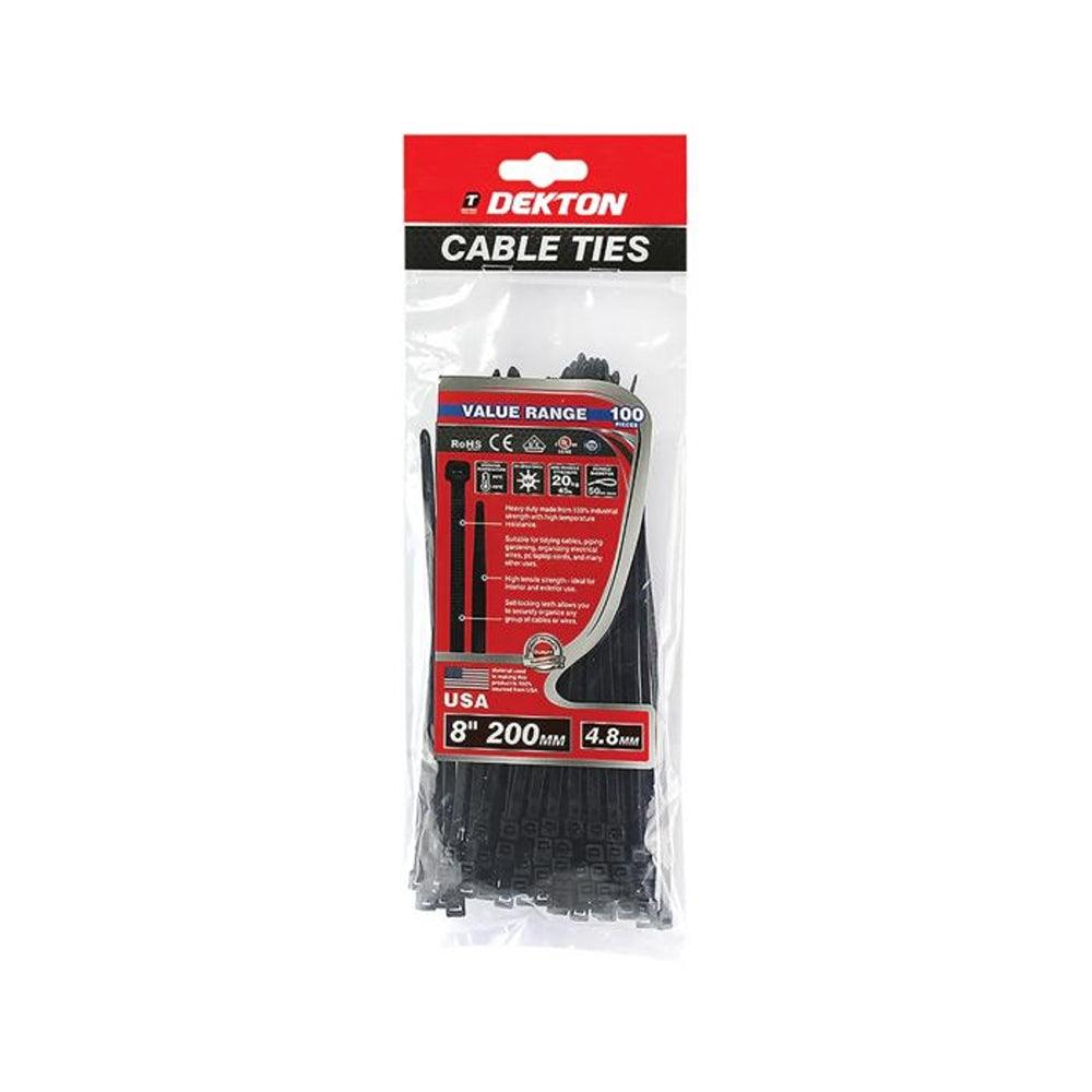 Dekton 4.8X200mm Black Cable Ties | 100 Pack, Robust Nylon