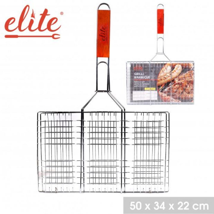 Elite BBQ Grilling Basket with Wooden Handle | Stainless Steel | 50 x 34 x 22 cm