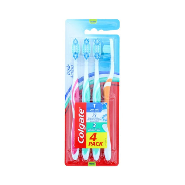 Colgate Triple Action Toothbrush Pack of 4 | Medium Bristles, Assorted Colours