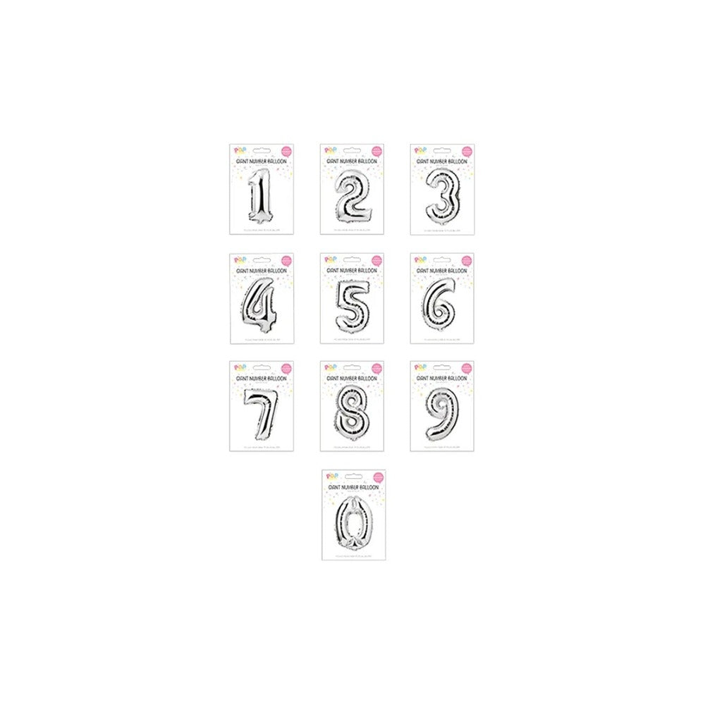 Metallic Silver Foil Number Balloon | 65cm, Assorted Numbers 0–9