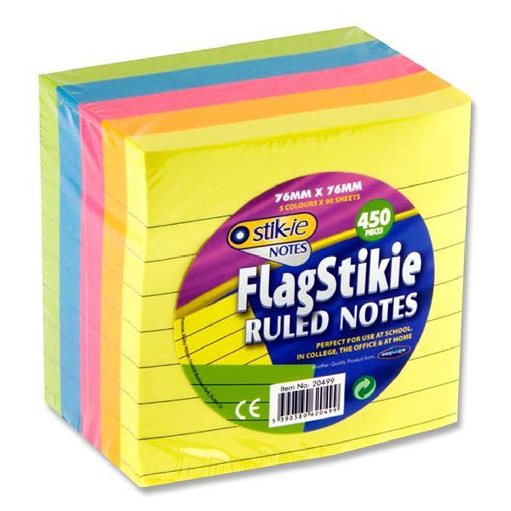 Stik-ie Flag Stikie Ruled Stikie Notes | Assorted Neon Colours | 450 Sheets