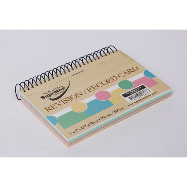 Supreme Compact Spiral Record Card | 5X3, 160gsm, 50 Multi-Coloured Sheets