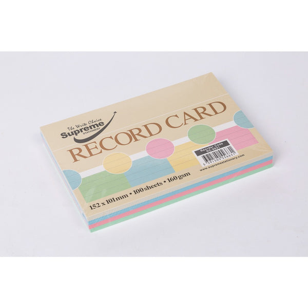 Supreme Stationery Assorted Colour Record Cards | 100 Sheets, 152 x 101 mm, 160 gsm