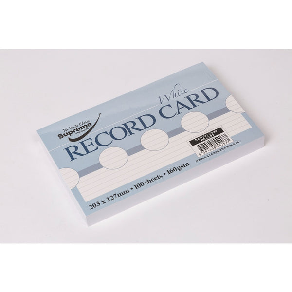 Supreme White Ruled Record Cards | 203 x 127 mm, 160 gsm, Pack of 100