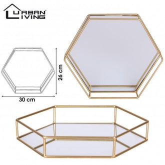 Urban Living Hexagon Gold Mirror Tray | 30cm Metal and Glass