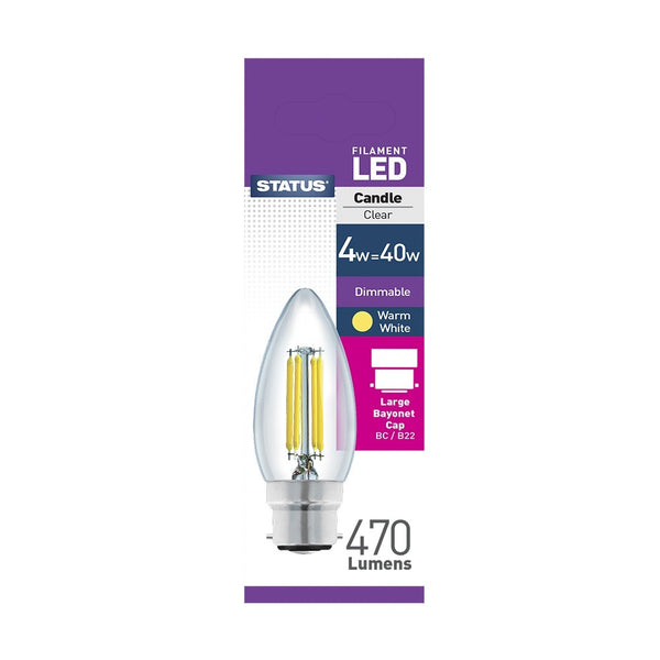 Status Energy-Efficient LED Candle Bulb | 4.5W Equals 40W, Dimmable, Warm White Light, BC/B22 Compatible
