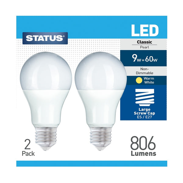 Status Energy-Efficient LED A60 GLS Bulbs | 9W, Warm White | Pack of 2