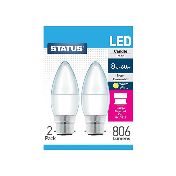 Status Energy-Efficient 8W LED Candle Bulbs | Warm White, 806 Lumens | Pack of 2