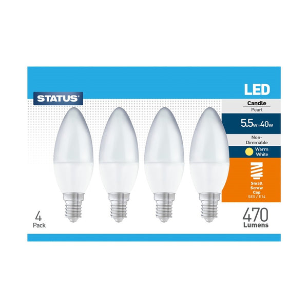 Status Energy-Efficient LED Candle Bulbs | 5W, 470 Lumens, Warm White, SES/E14 | Pack of 4