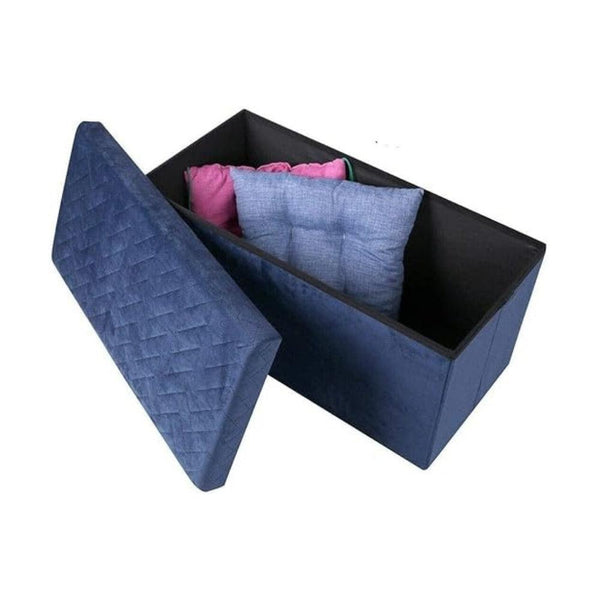 Urban Living Velvet Blue Storage Bench | Quilted Pattern, Foldable, Ample Internal Storage
