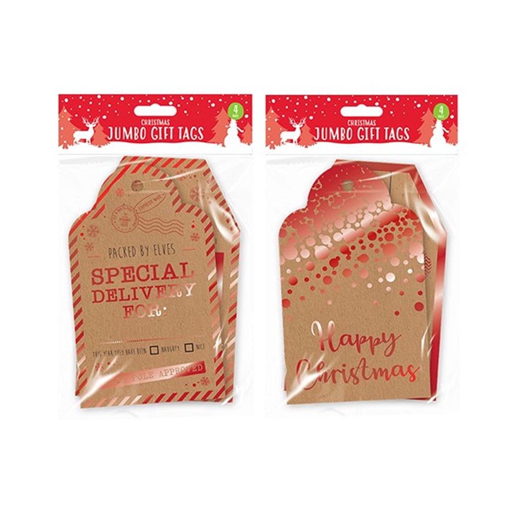 christmas kraft style jumbo gift tags - pack of 4