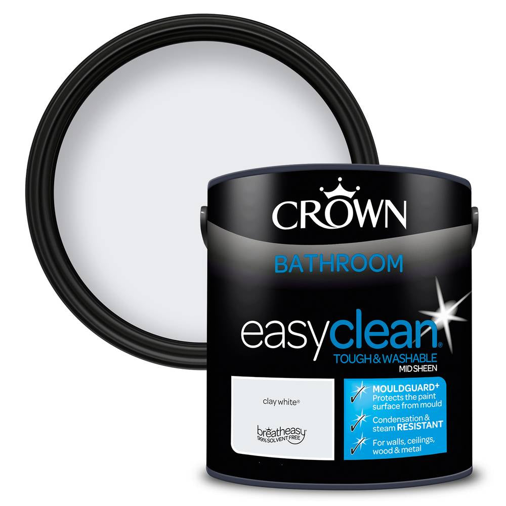 Crown Paint Easyclean Clay White Bathroom Paint | 2.5L, Mouldguard+, Mid Sheen