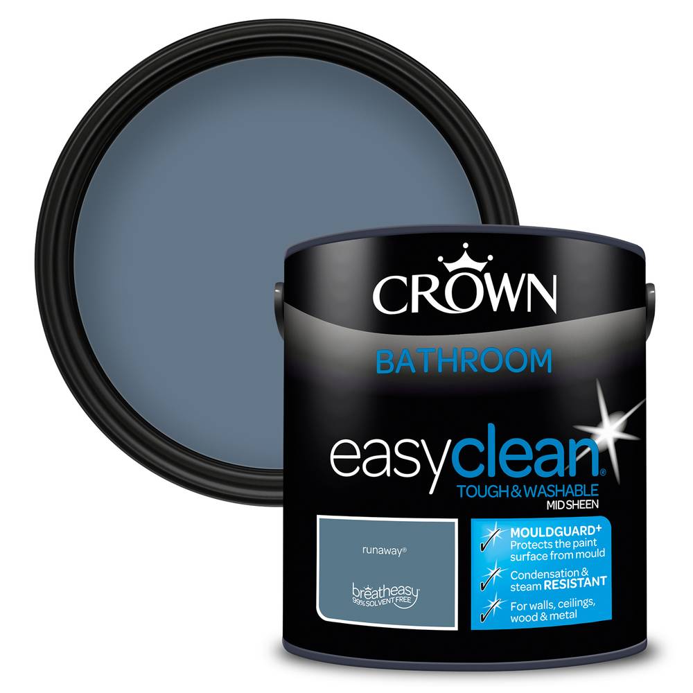 Crown Paint Easyclean Runaway Bathroom Paint | 2.5L, Mid Sheen, Mould Resistant
