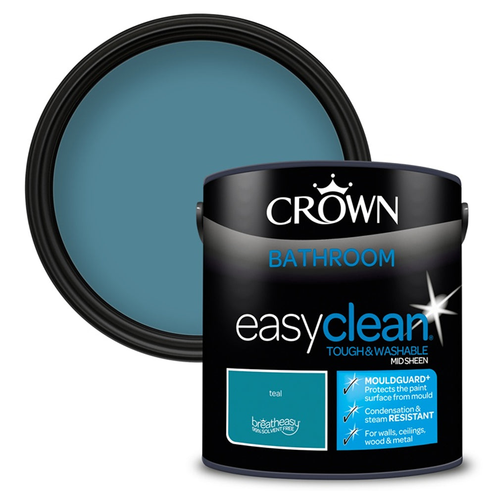 Crown Paint Easyclean Teal Bathroom Emulsion | 2.5L, Mouldguard+, Mid Sheen