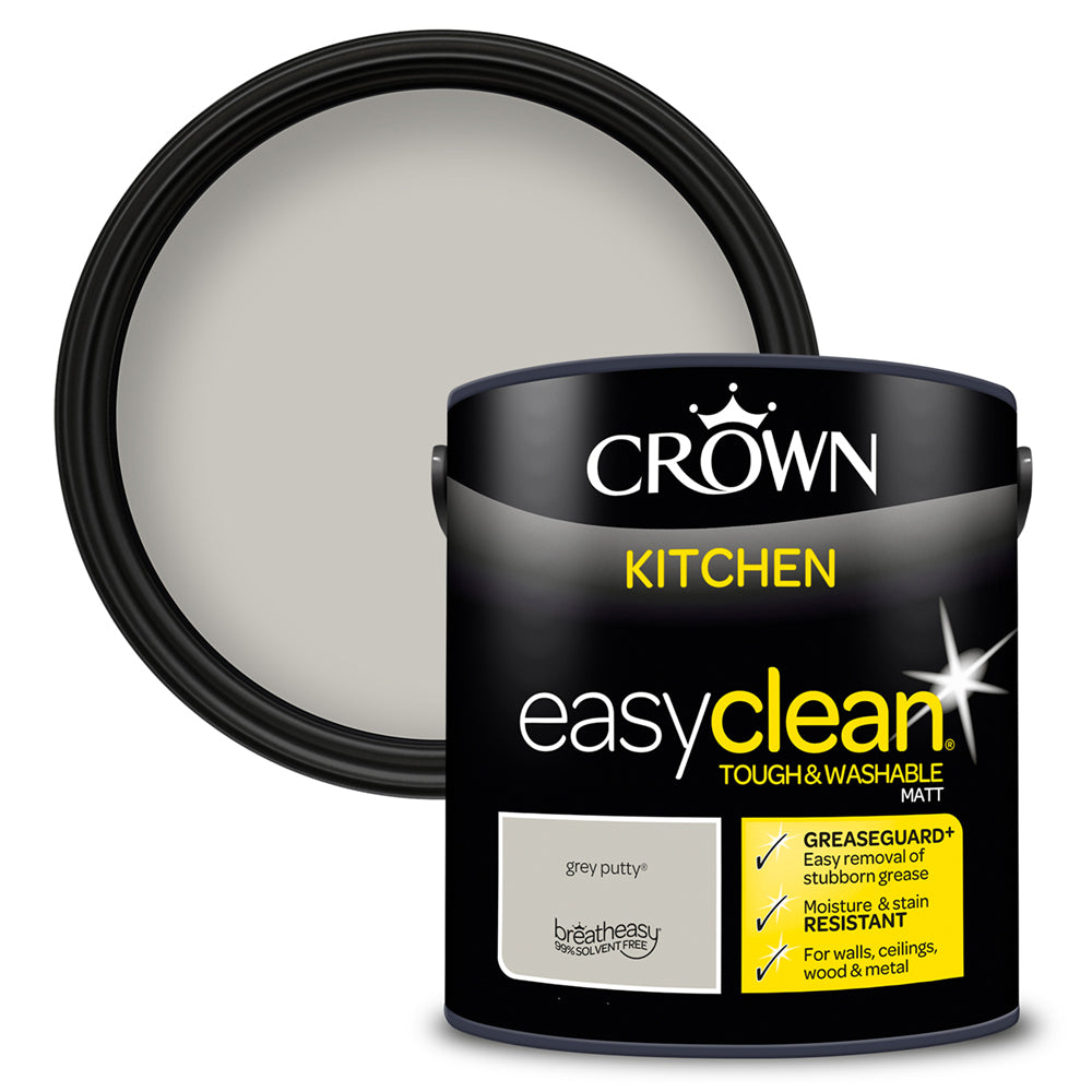 Crown Paint Easyclean Kitchen Grey Putty Paint | 2.5L, Tough Washable Matt