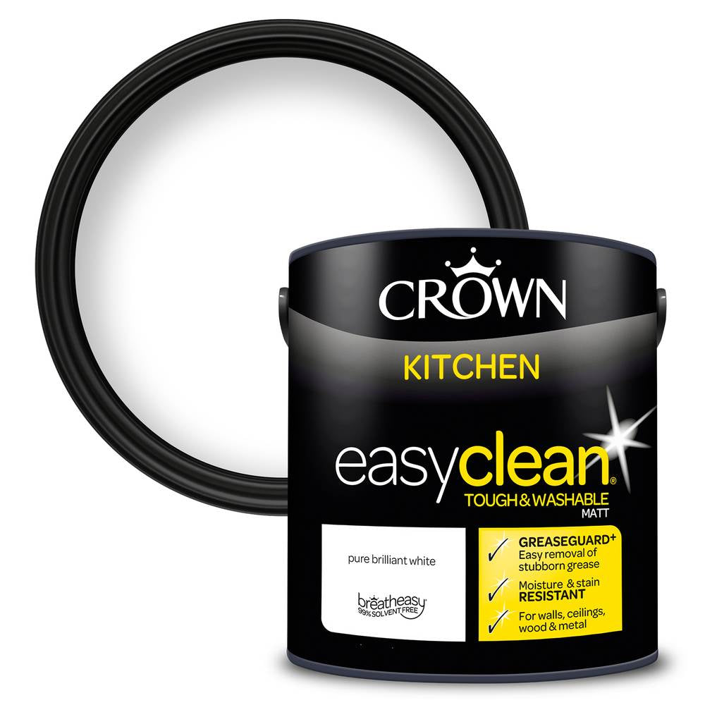 Crown Paint Easyclean Kitchen Brilliant White Paint | 2.5L, Washable Matt