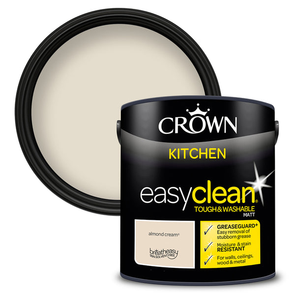 Crown Paint Easyclean Almond Cream Kitchen Emulsion Paint | 2.5L, Washable Matt