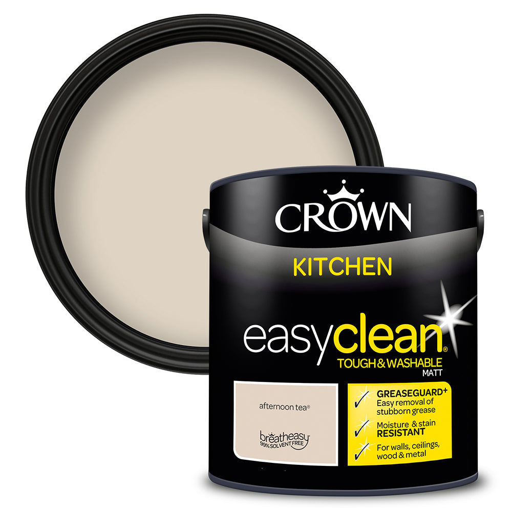 Crown Paint Easyclean Kitchen Paint Afternoon Tea Matt | 2.5L, Greaseguard+