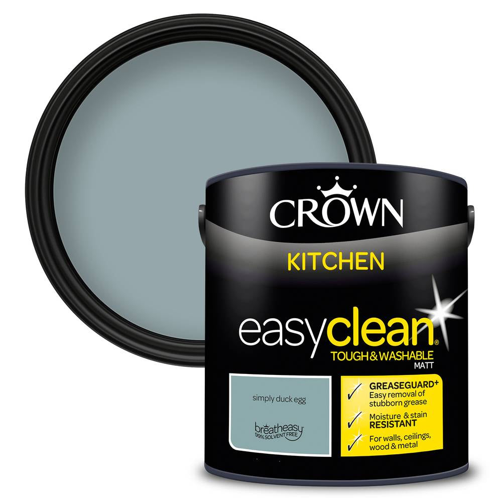Crown Paint Easyclean Kitchen Simply Duck Egg Paint | 2.5L, Tough Washable Matt