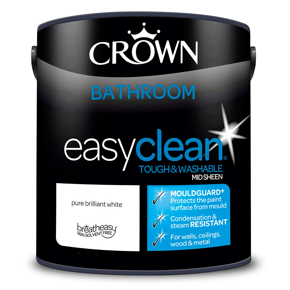 Crown Paint Easyclean Brilliant White Bathroom Paint | 2.5L, Mould Resistant