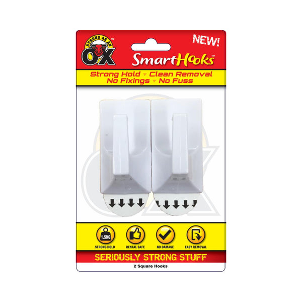 Strong as an Ox Removable Square Adhesive Hooks | White, 2 Pieces