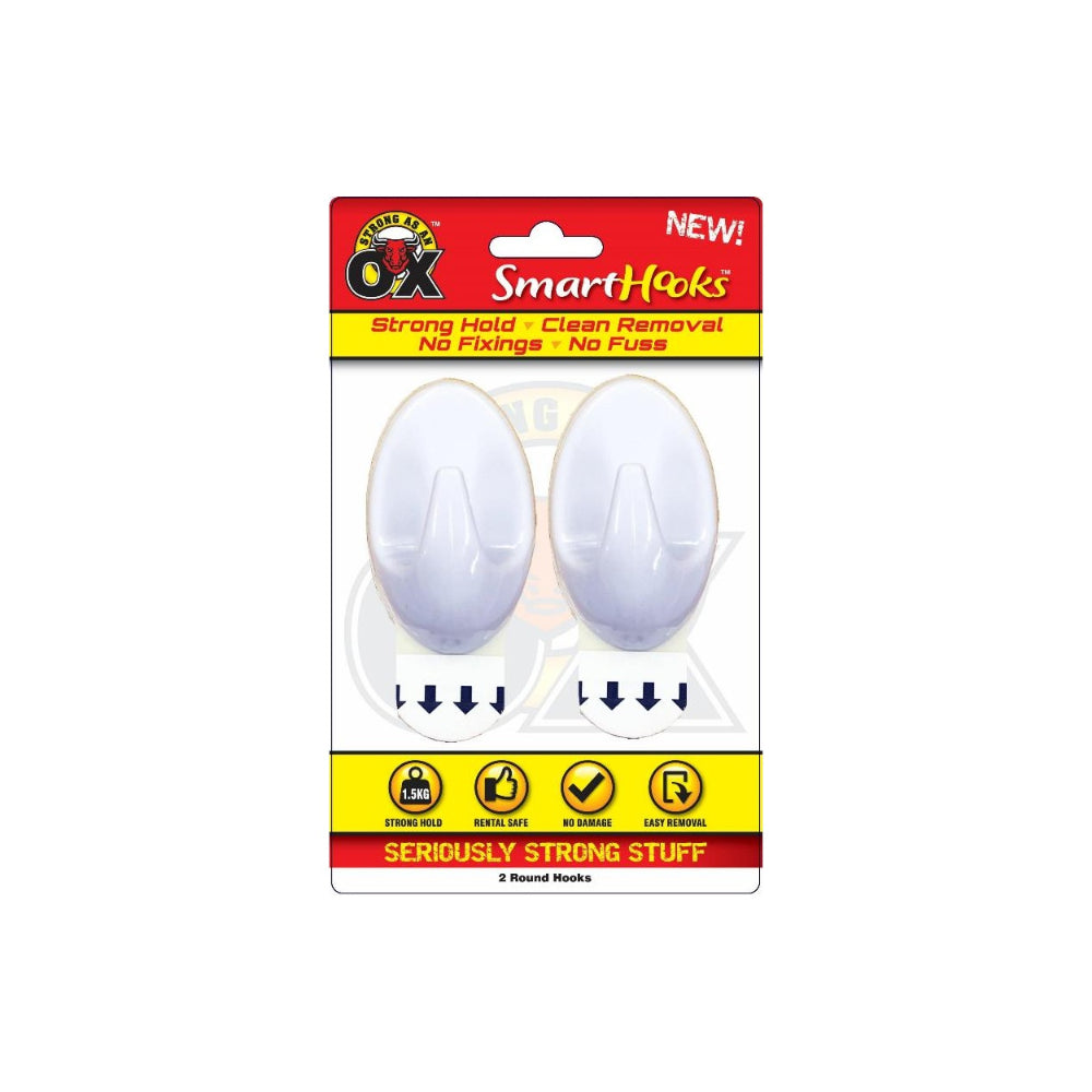 Strong as an Ox Removable Round Hooks | Pack of 2, White, 1.5kg Hold