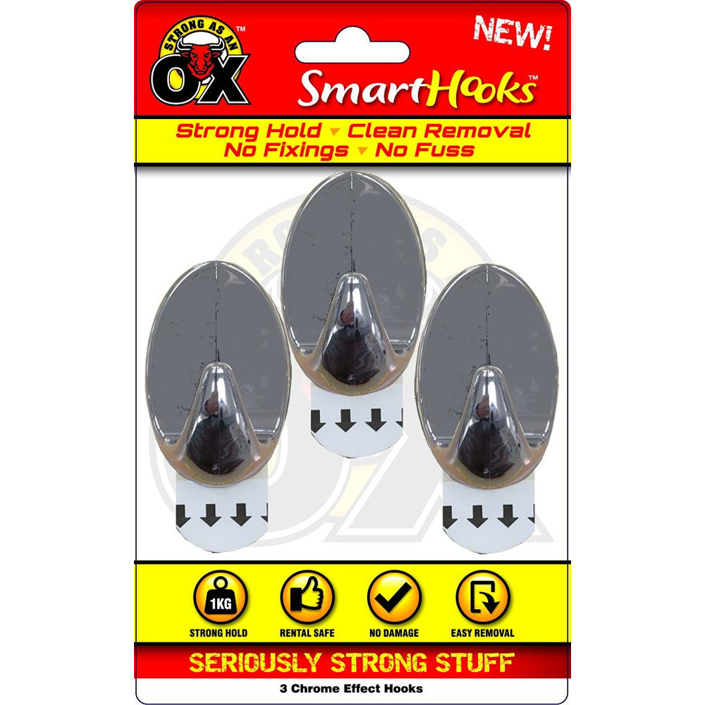 Strong as an Ox Removable Chrome Hooks | 1kg Capacity | Pack of 3