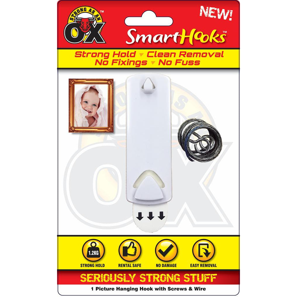 Strong as an Ox Removable Picture Hanging Plastic Hook with Screws &amp; Wire | 1.2kg Capacity