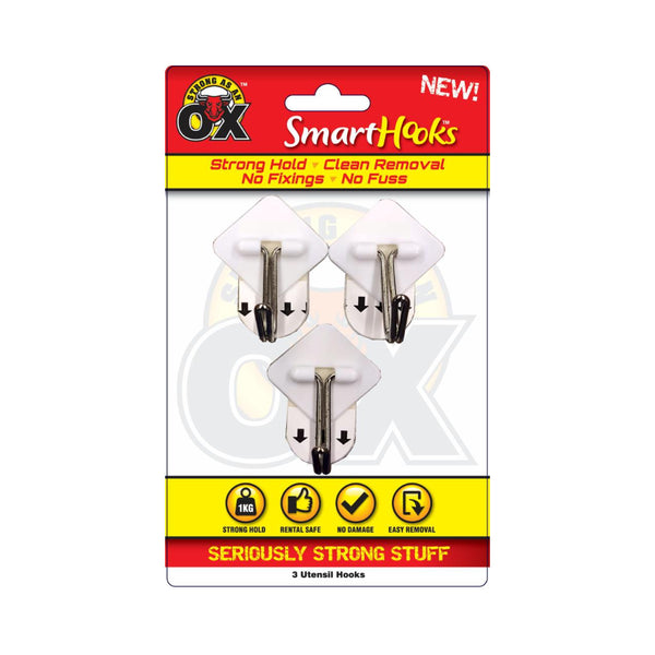 Strong as an Ox Removable Cup Hooks | 3 Piece, Clear, Holds up to 1 kg