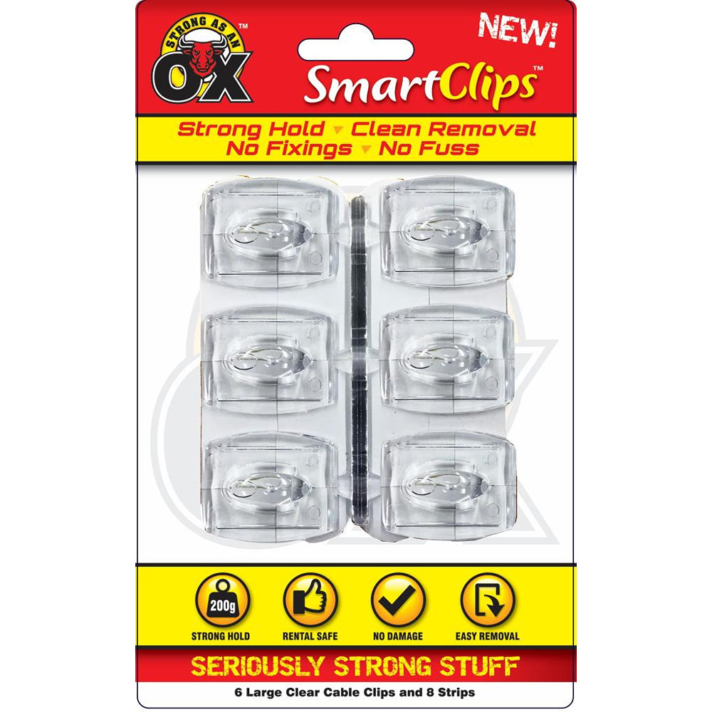 Strong as an Ox Removable Clear Cable Clips | Large | Pack of 6