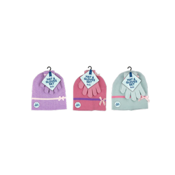 Farley Mill Girls Beanie Hat and Gloves 3 Piece Set | Pastel Colours, Bow Trim