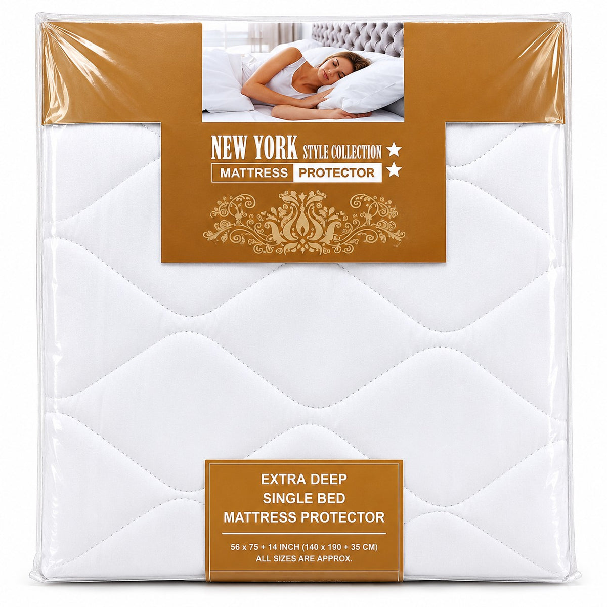 Extra Deep Quilted Single Bed Mattress Protector | White, 140 x 190 + 35 cm