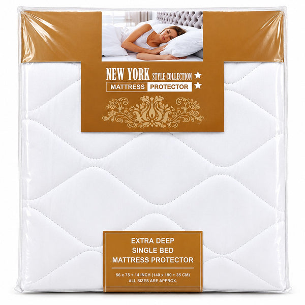 Extra Deep Quilted Single Bed Mattress Protector | White, 140 x 190 + 35 cm