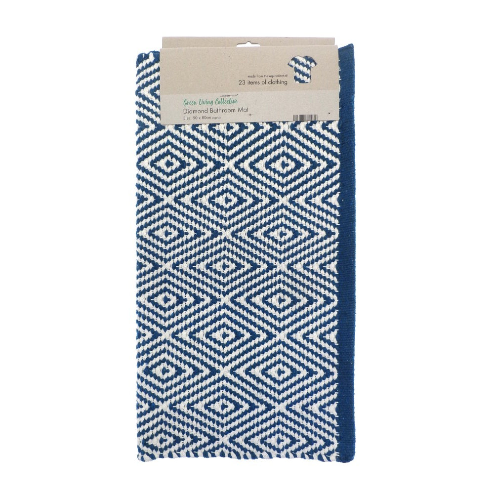Country Club Diamond Navy Bath Mat | 50 x 80 cm, Blue and White, Upcycled