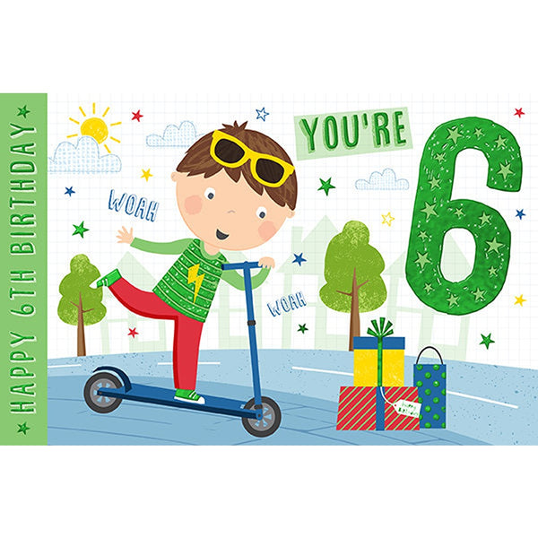 Birthday Card - Boy Playing On A Scooter - Age 6