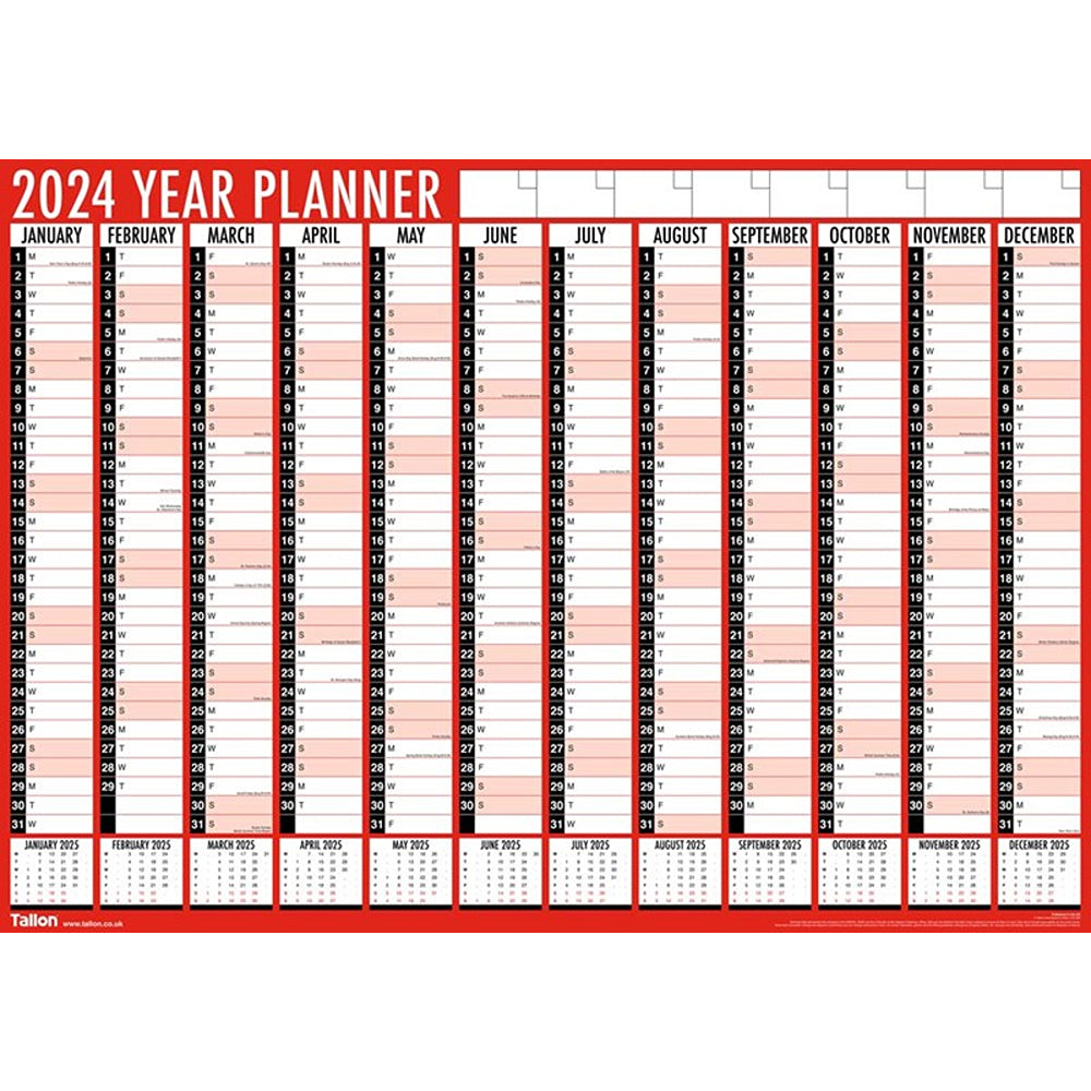 Tallon Red &amp; Black Full Year Calendar Folded | Large Wall Planner