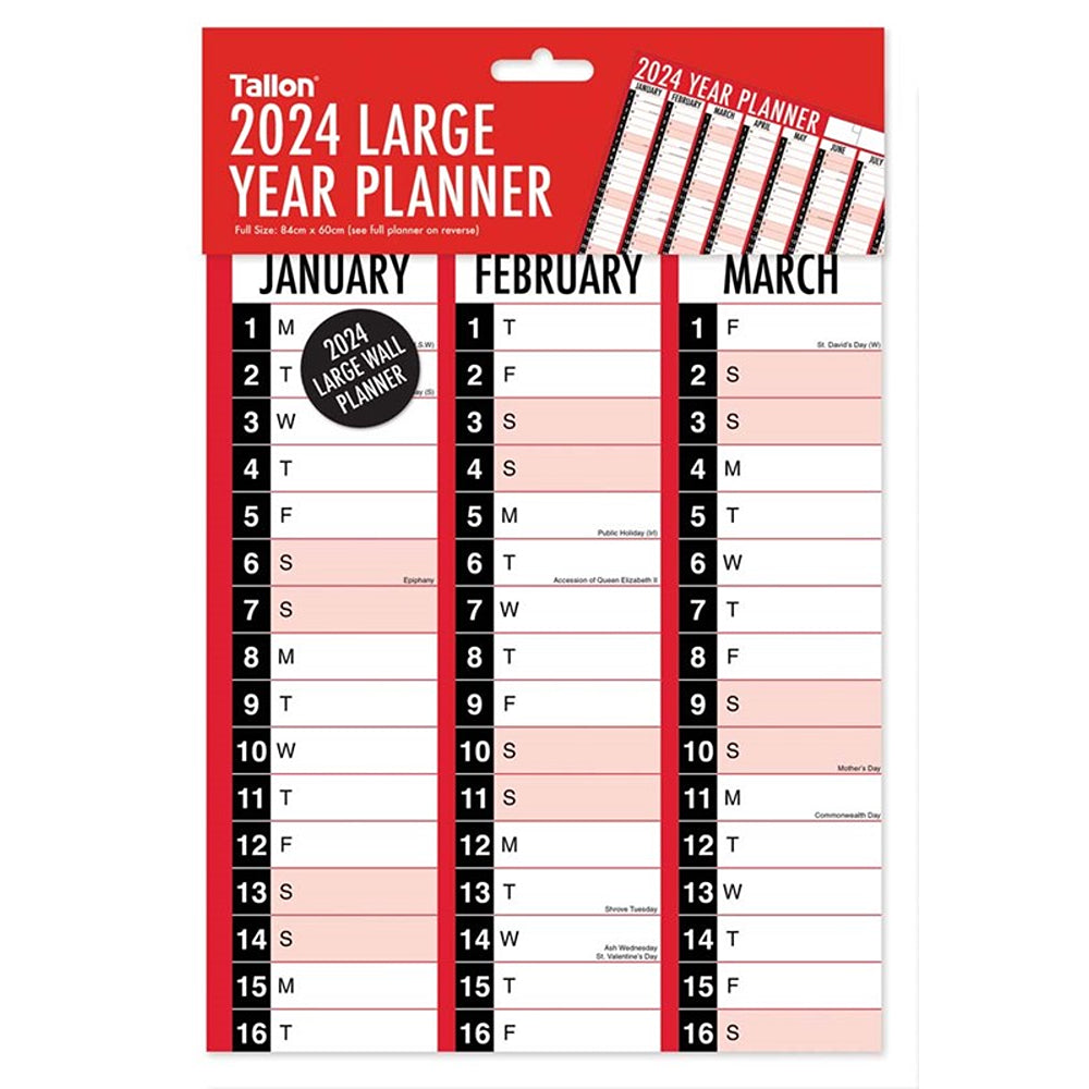Tallon Red &amp; Black Full Year Calendar Folded | Large Wall Planner