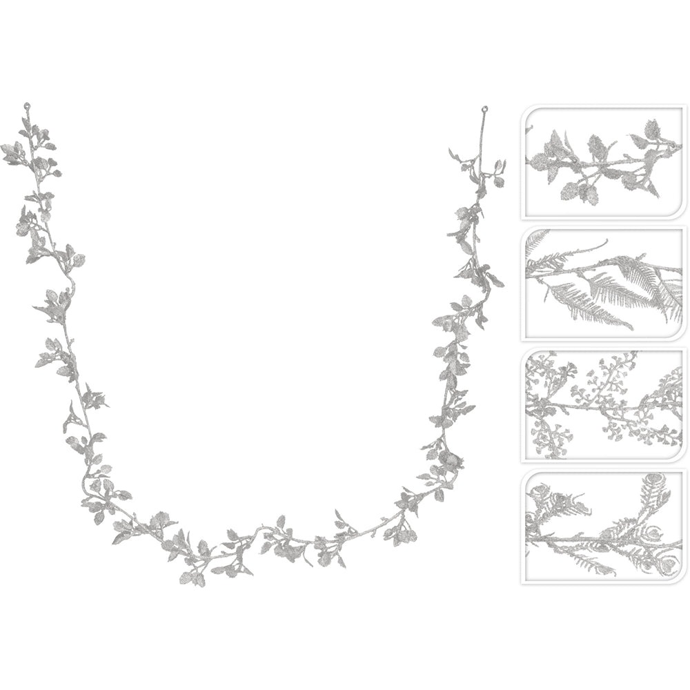 Christmas Silver Leaf Glitter Garland | 170 cm, Assorted Botanical Motifs
