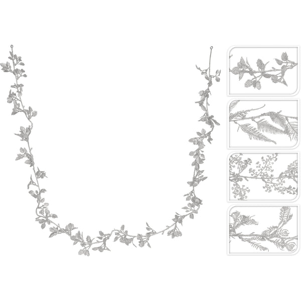 Christmas Silver Leaf Glitter Garland | 170 cm, Assorted Botanical Motifs