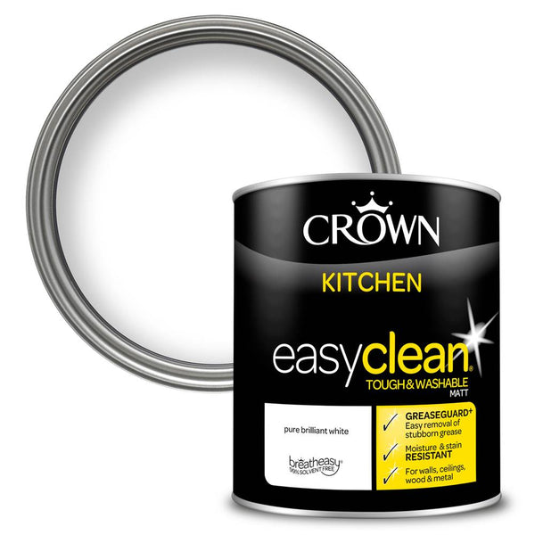 Crown Paint Easyclean Brilliant White Kitchen Paint | 1L, Matt