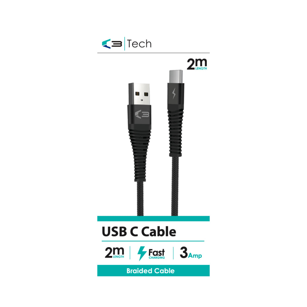 C3 Braided USB-A to USB-C Fast Charging Cable | 2m, 3A, Black