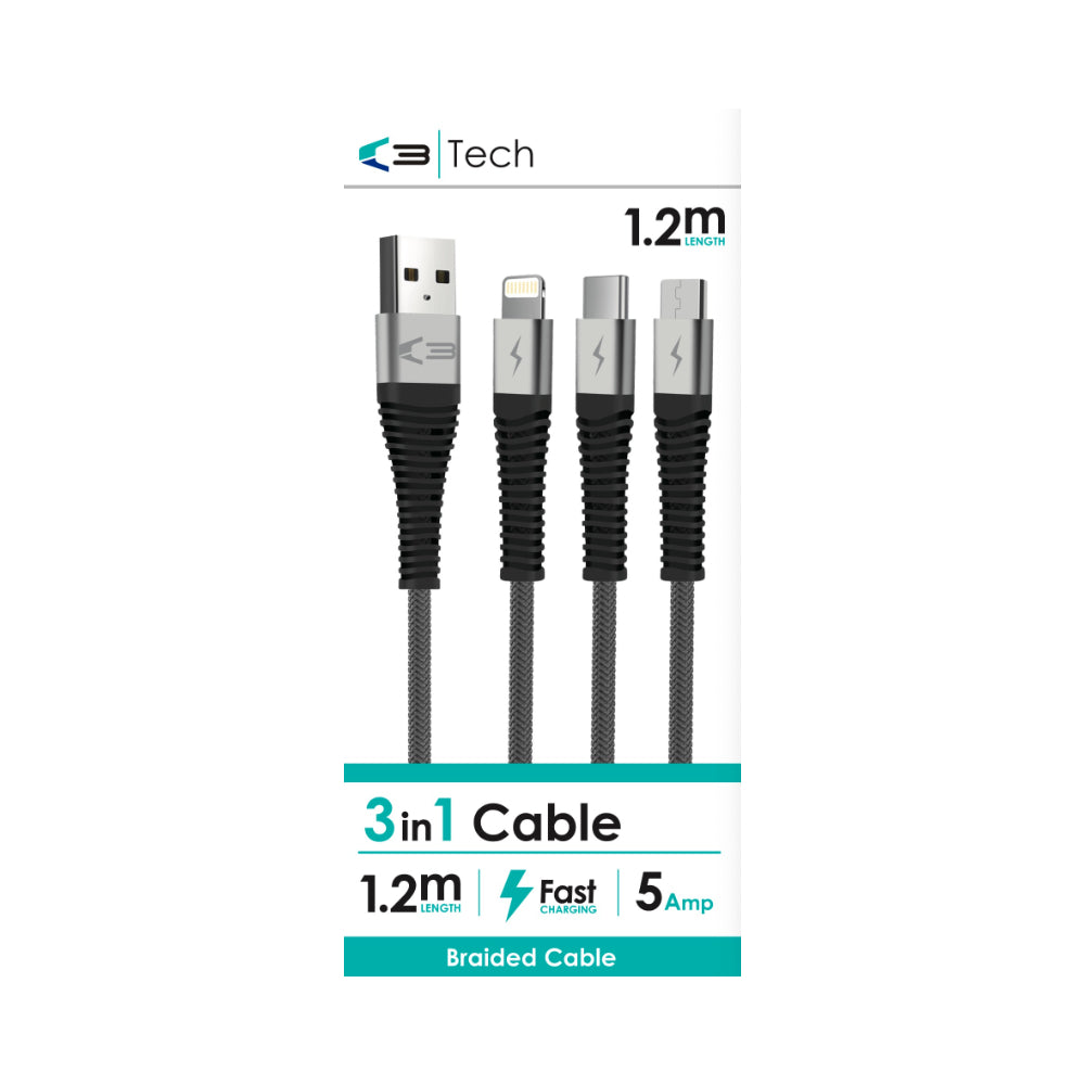 C3 Universal 3-in-1 Braided Charging Cable | 1.2m, 5 Amp, Fast Charge