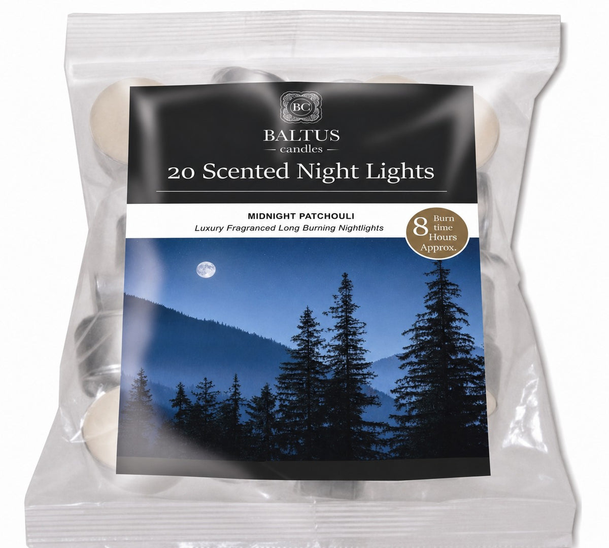 Baltus Midnight Patchouli Scented Night Lights | Pack of 20, 8-Hour Burn Time