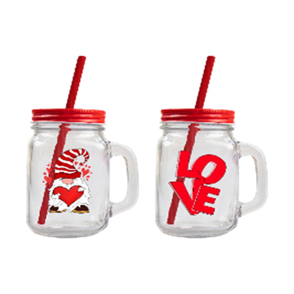 Valentines Day Mason Jar with Straw | Assorted Design | 450ml - Choice Stores