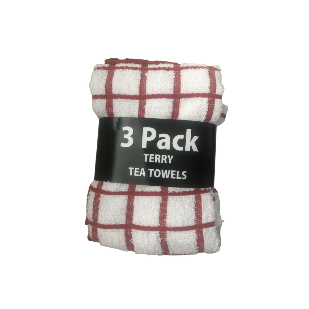 Cotton Terry Tea Towels | Pack of 3, Red and White Checked, Absorbent