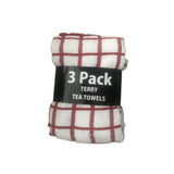 Cotton Terry Tea Towels | Pack of 3, Red and White Checked, Absorbent