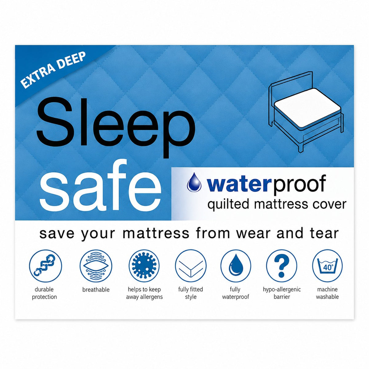 Waterproof Quilted Super King Mattress Protector | 180 x 200cm, 30cm Deep