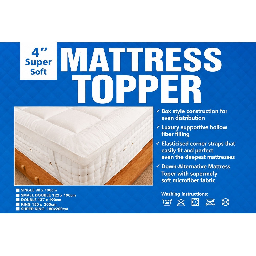 4-Inch Super Soft Hollow Fibre Mattress Topper | King, Corner Straps