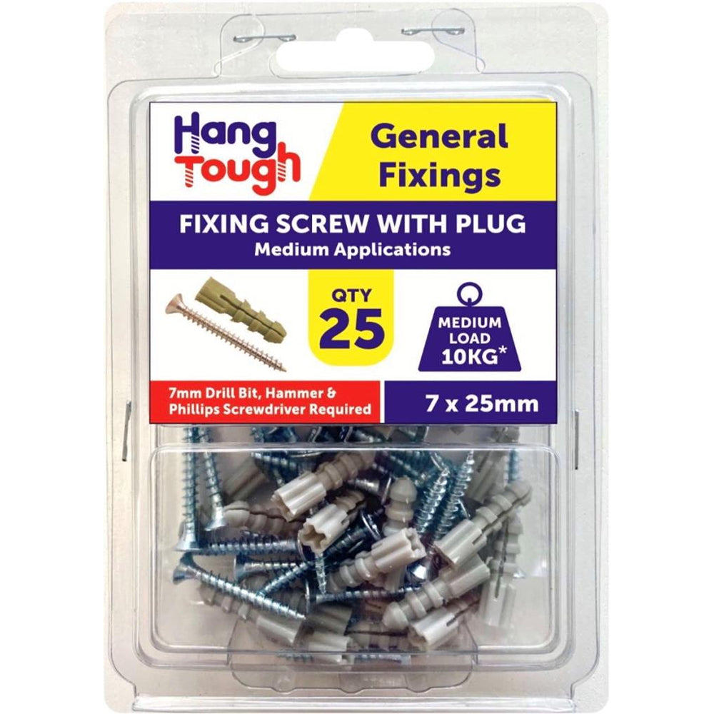 Hang Tough Fixing Plugs with Screw | Capacity 10kg | 7 x 25mm | Pack of 25